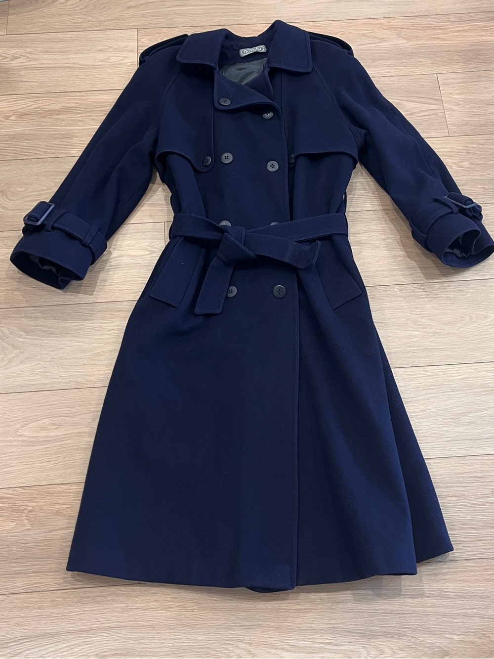 Novelli Navy Pure Virgin Wool Double Breasted Belted Long Trench Coat Size M